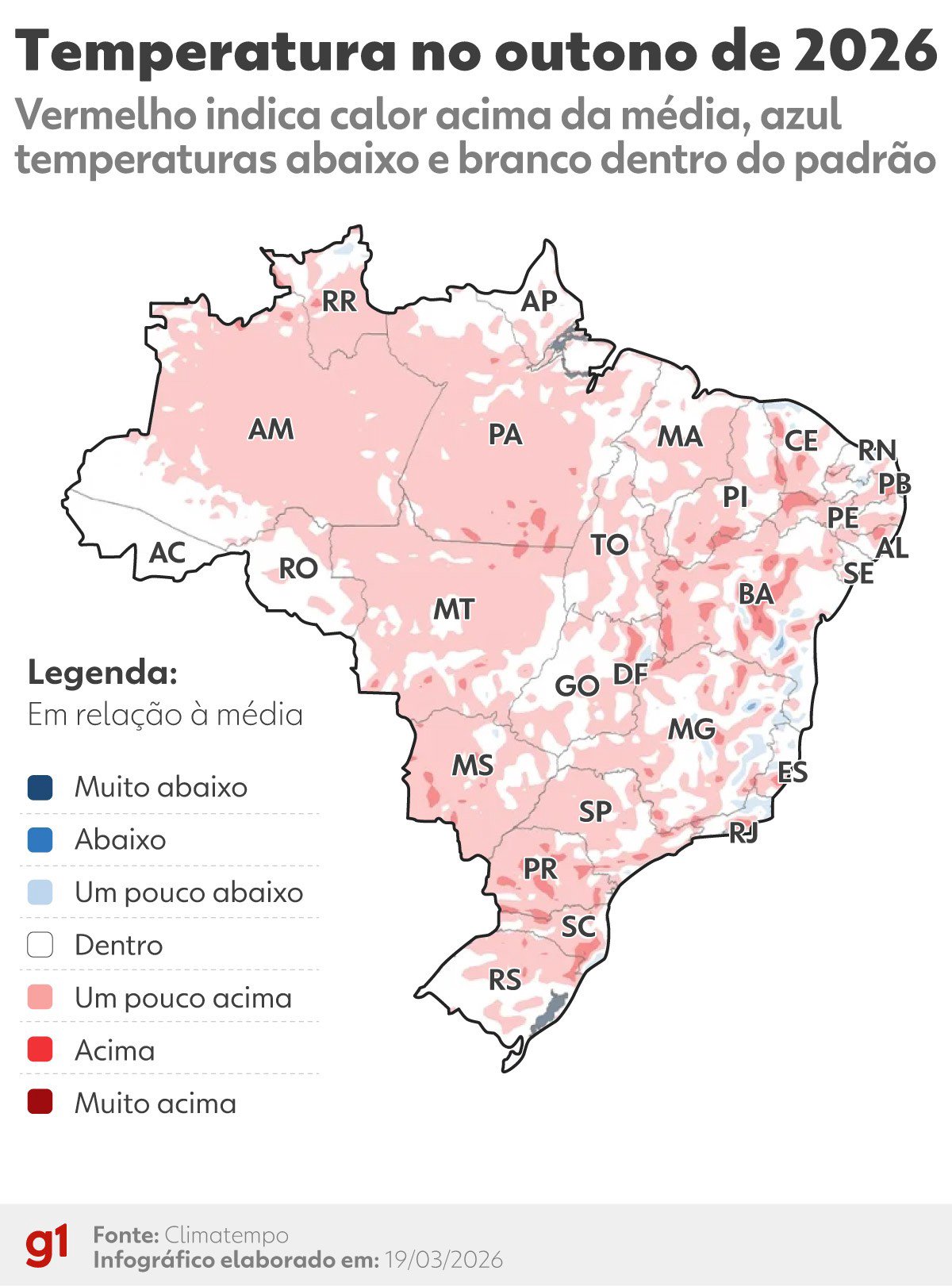 Karta som visar temperaturerna för hösten 2026 i Brasilien