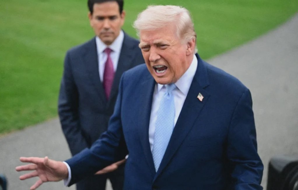 Donald Trump addresses the press with Marco Rubio on the White House South Lawn