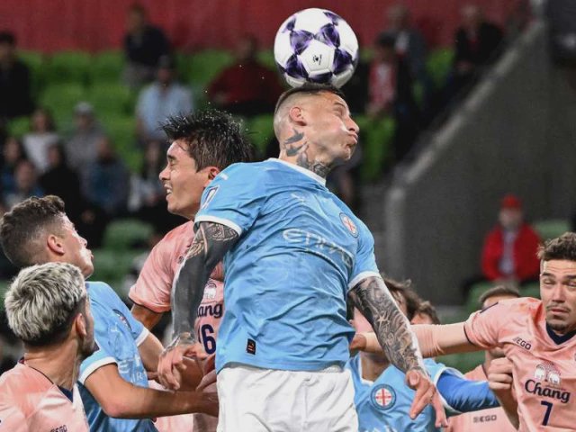 Melbourne City FC players celebrate Mazzeo's late goal against Buriram United in the Asian Champions League