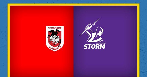 Dragons and Storm players contest a high ball during an NRL match