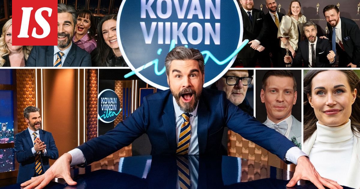 Kovan viikon illan juontaja Jukka Lindström ja panelisteja
