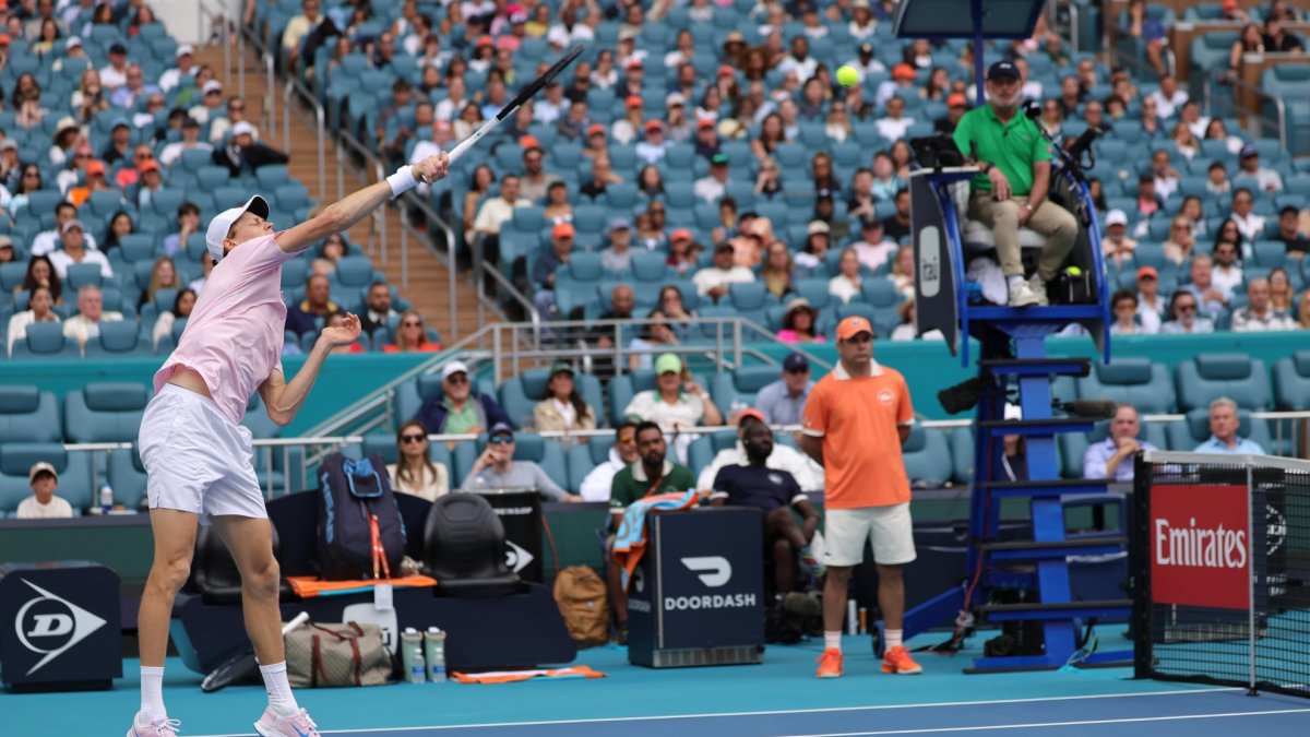 Carlos Alcaraz and Jannik Sinner at the Miami Open trophy ceremony