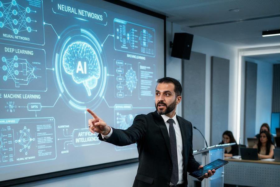 Illustrative image: Cinematic scene of an Arab lecturer at a university