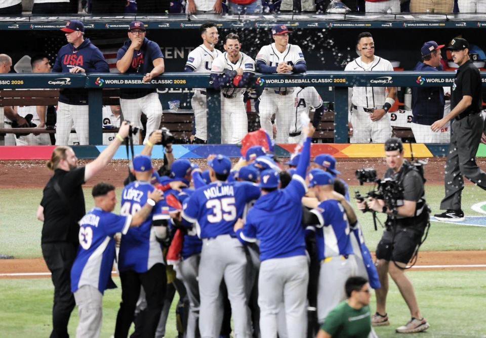 Eugenio Suárez of Venezuela connects for the game-winning hit in the World Baseball Classic final against the United States