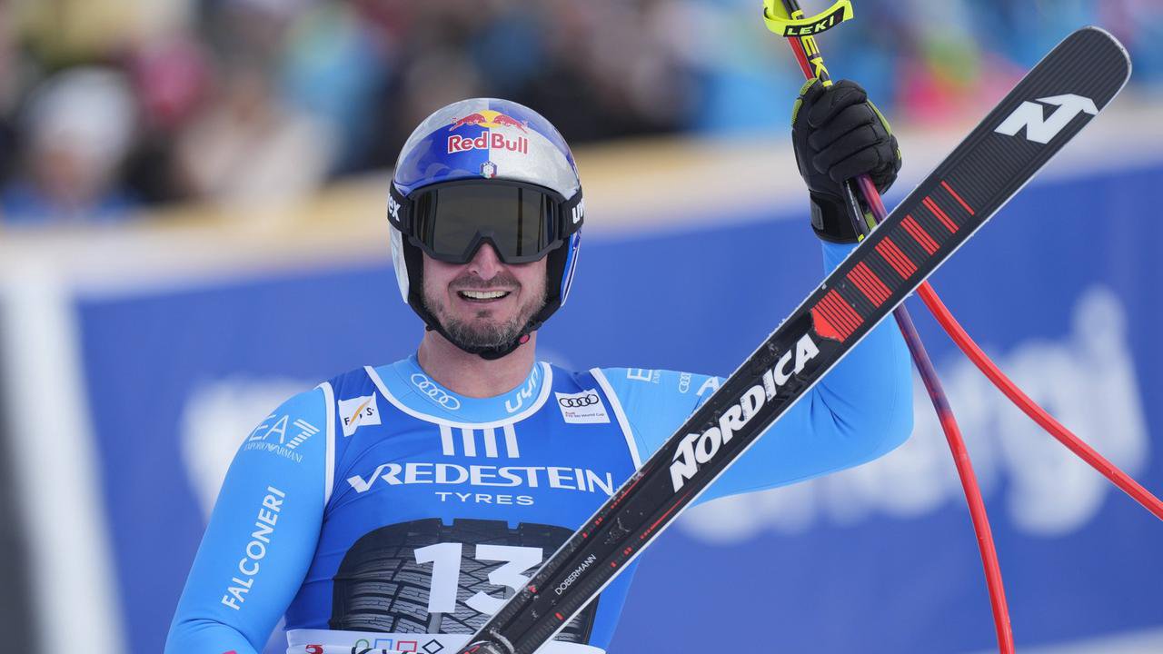 Dominik Paris celebrates after winning the Kvitfjell downhill