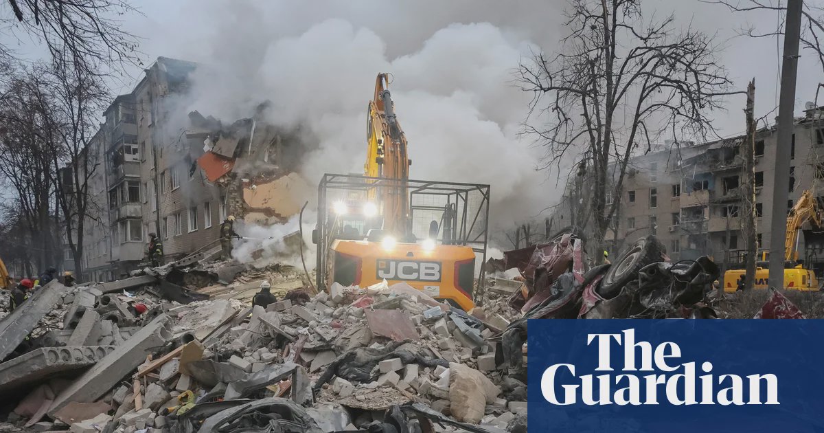A damaged apartment building in Kharkiv after a strike