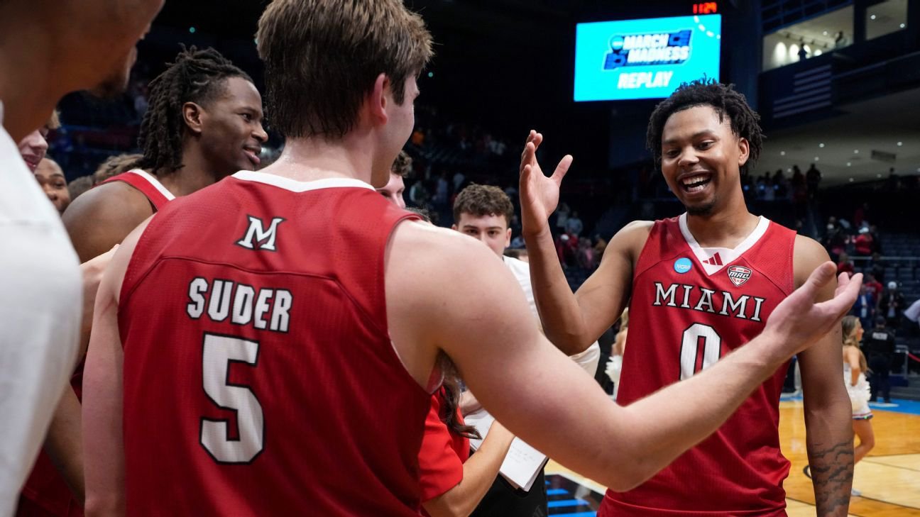 Miami RedHawks celebrate their NCAA Tournament victory