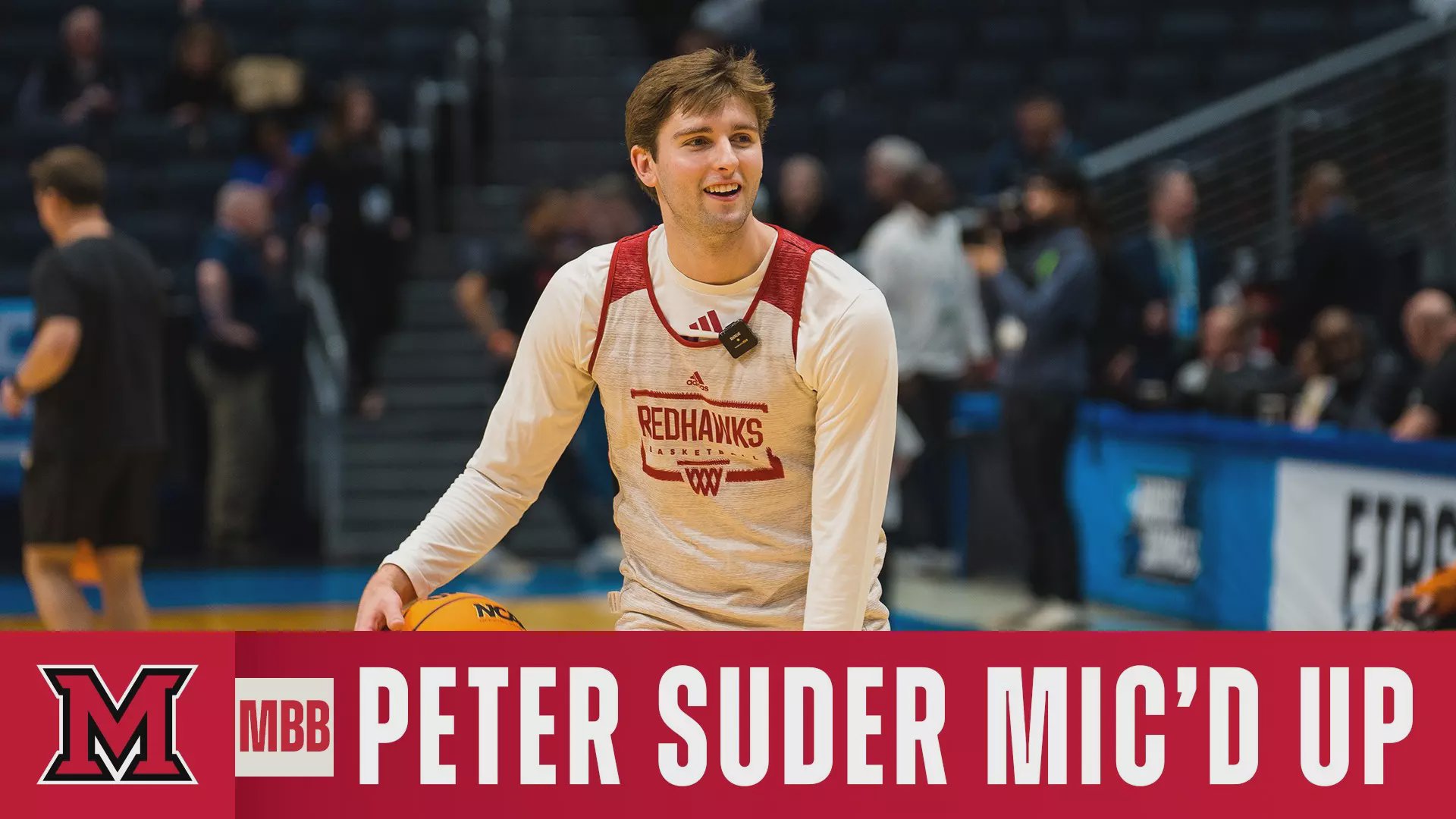 Peter Suder mic'd up during Miami Redhawks open practice