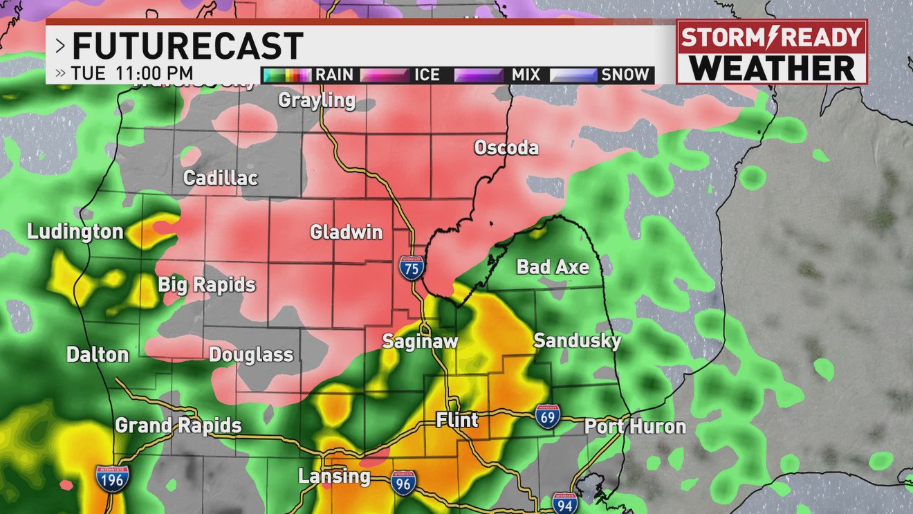 Radarbillede, der viser voldsomt vejr på vej mod Michigan