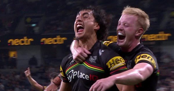 Casey McLean celebrates a try for the Panthers against the Storm